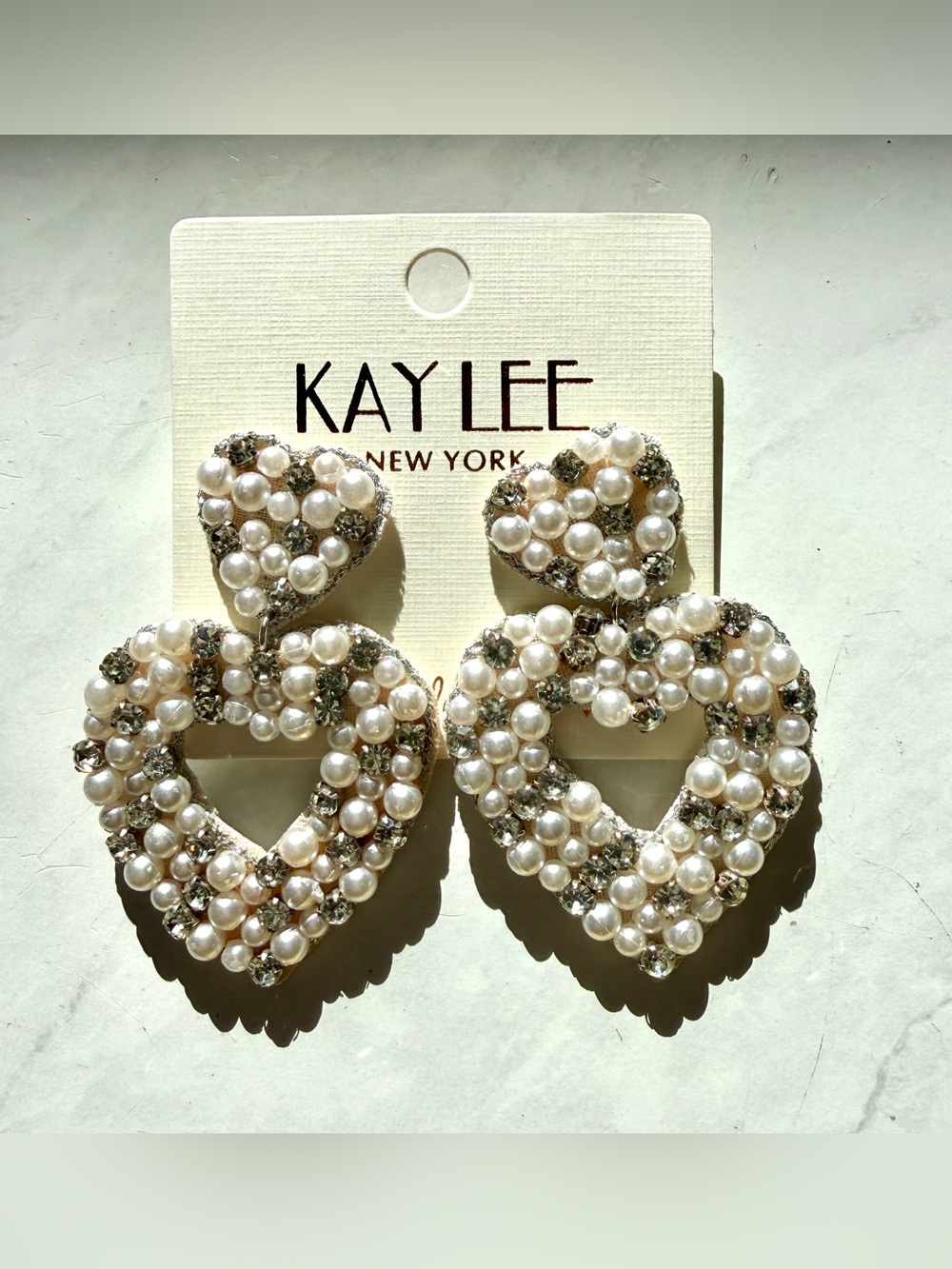 🤍💍 NWT KAY LEE NEW YORK Pearl & Rhinestone Heart Drop Earrings Statement